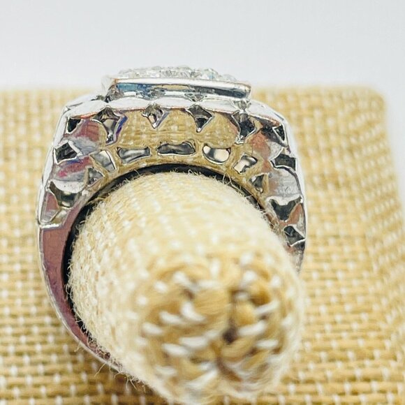 Rhinestone Dinner Ring Silver Tone Disc Lattice Glam Bling Sparkle Holiday Party - Picture 6 of 7